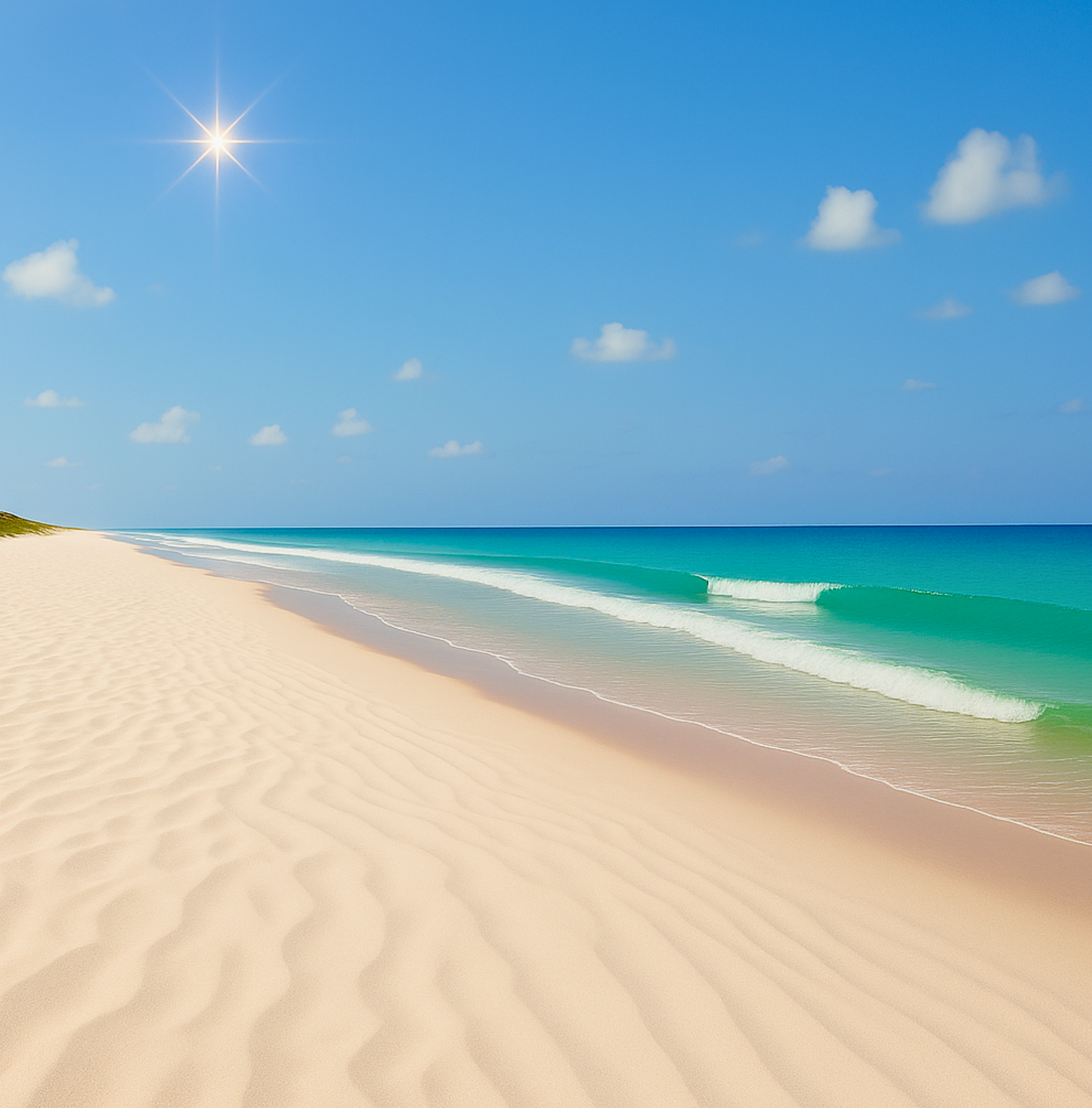 A calm, bright beach scene under a sunny blue sky with light clouds. Smooth sand stretches toward turquoise waves. The sun sparkles in the upper left. A small green hill is visible in the distance.
