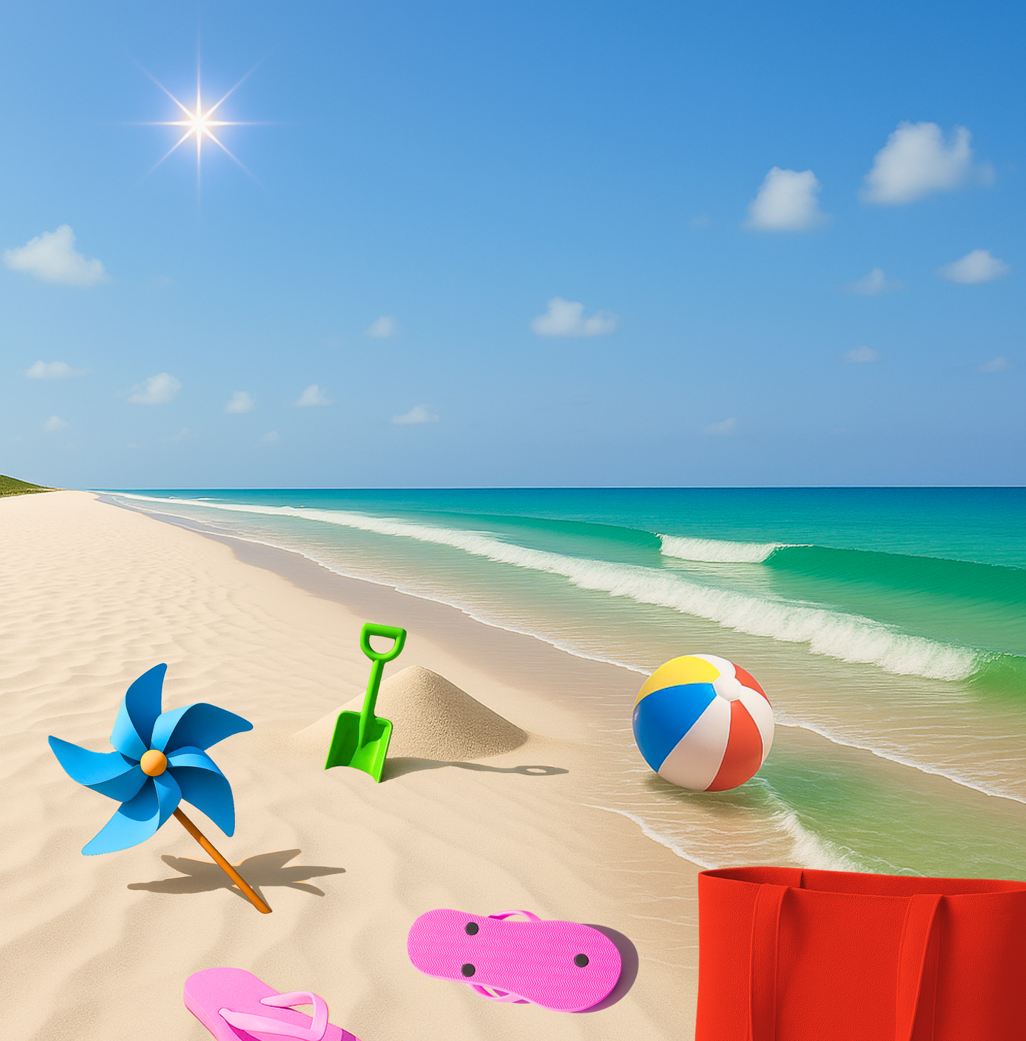 The same beach background with added objects: A beach ball floats near the waves. A red beach bag, a blue pinwheel, green shovel, pink and purple flip-flops, and a small mound of sand are visible on the shore.