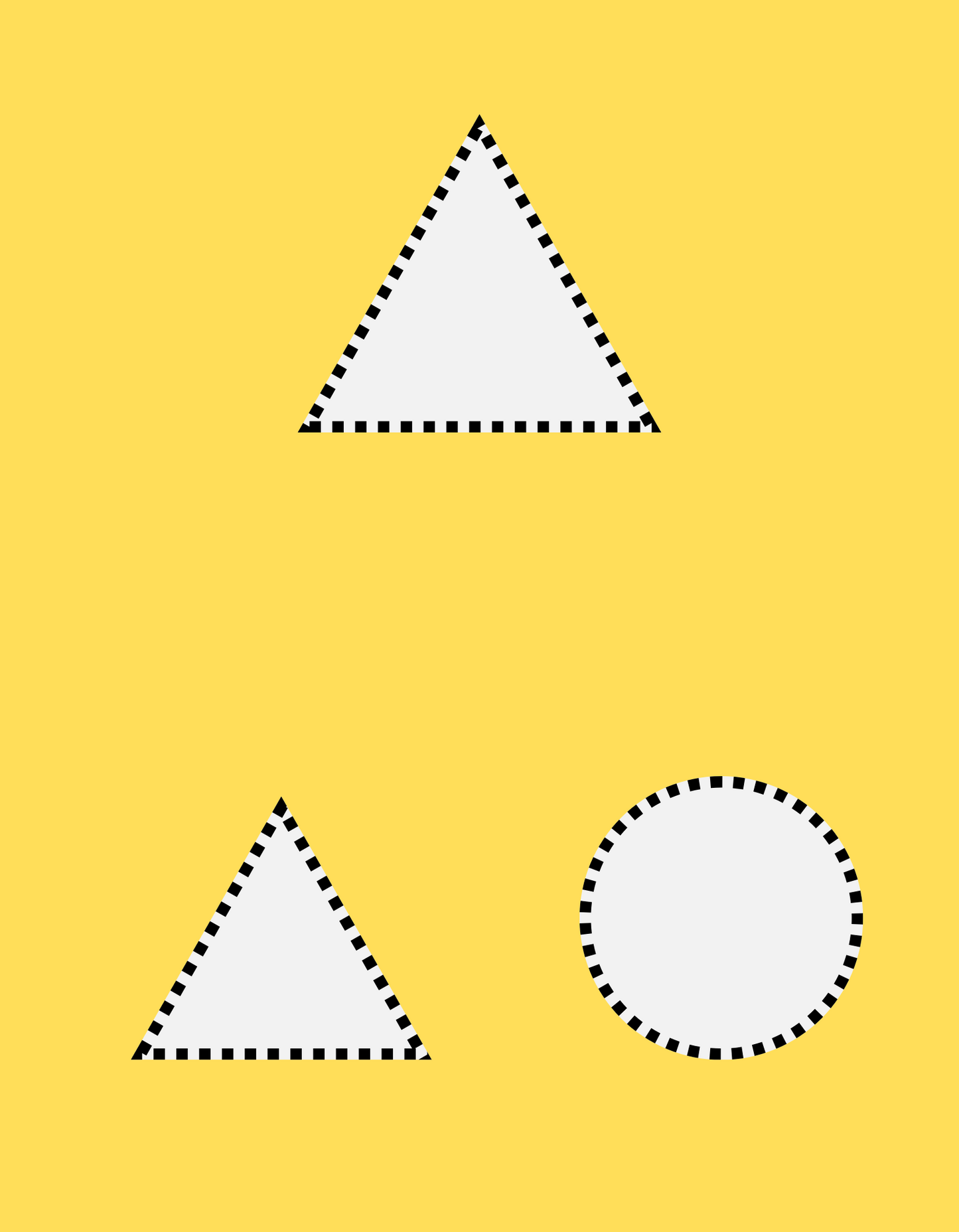 Yellow page with one triangle at the top and two shapes below: a matching triangle and a circle. All shapes are white with black dashed outlines.