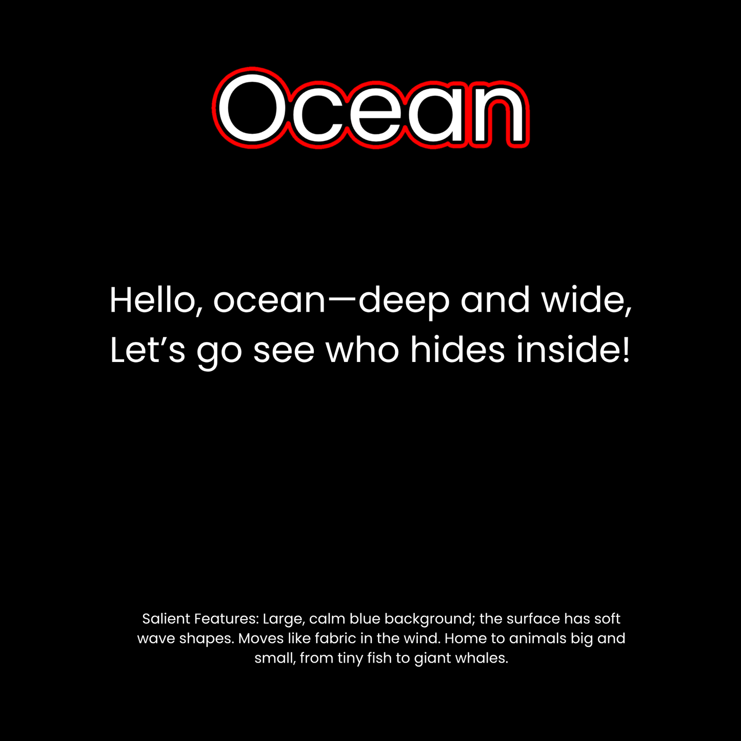 Black background with the word “Ocean” in bold white letters outlined in red at the top. Below, the text reads: “Hello, ocean—deep and wide, Let’s go see who hides inside!” At the bottom, a description of the ocean’s salient visual features is listed in small white font.