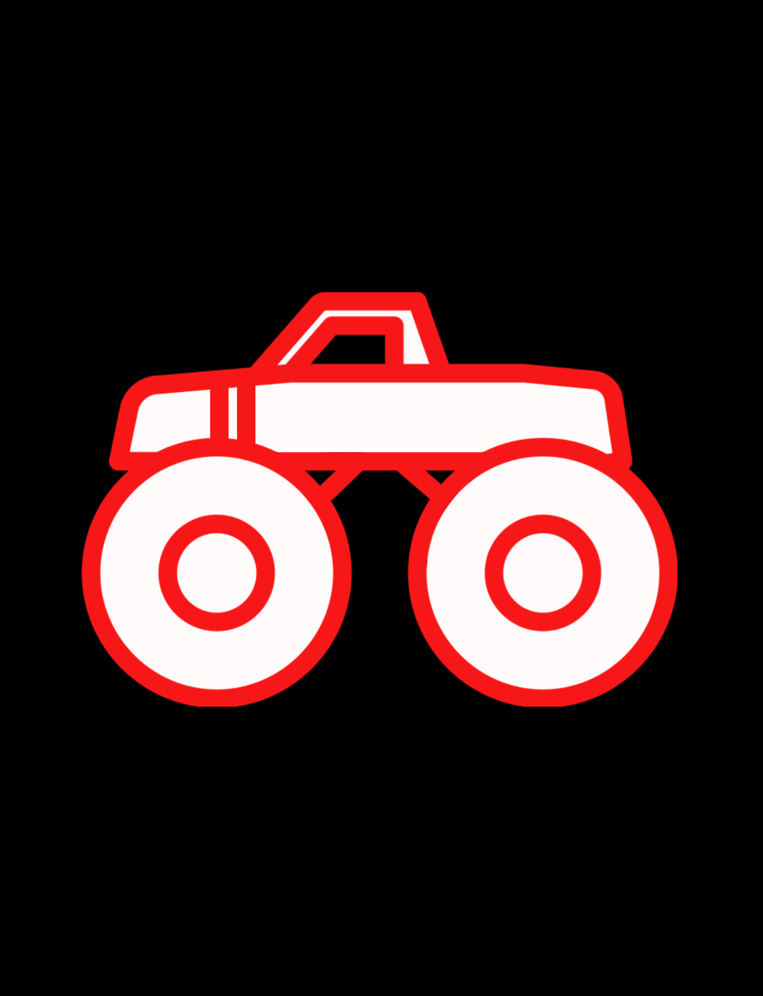 Bold red-outlined monster truck with very large tires on a solid black background. The body of the truck is white with an angular cab.