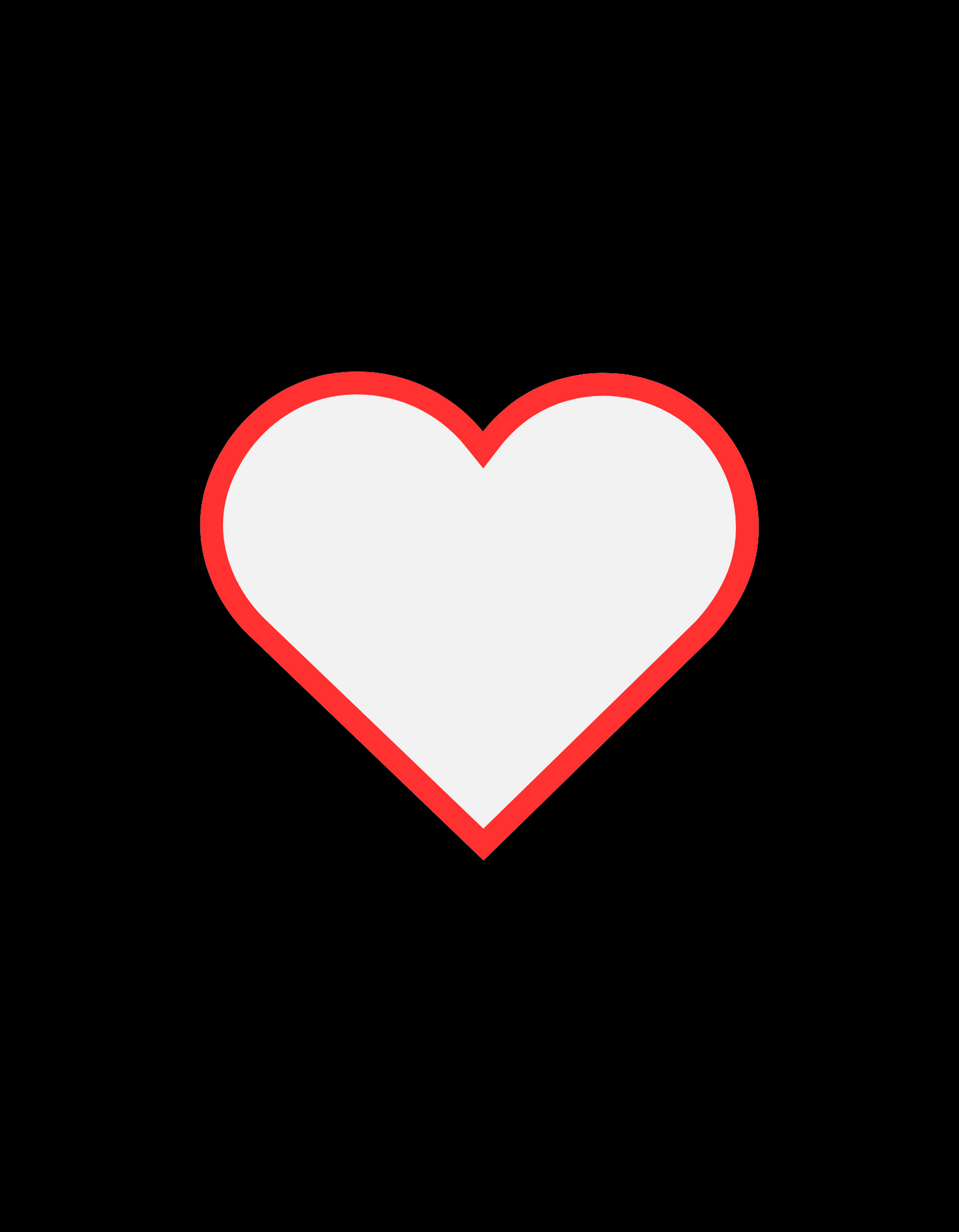 Single white heart with thick red outline, centered on solid black background.