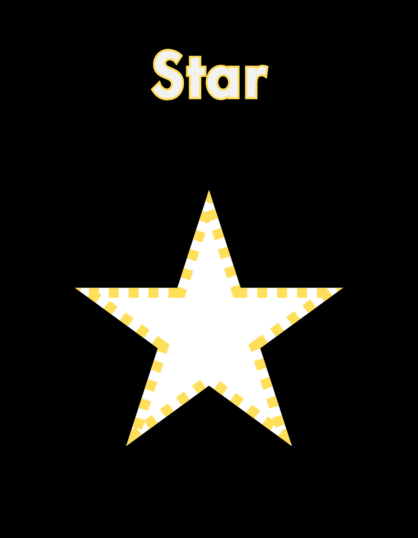 Page labeled ‘Star’ in bold yellow-outlined white letters. A single white star with dashed yellow outline is centered on a black background.