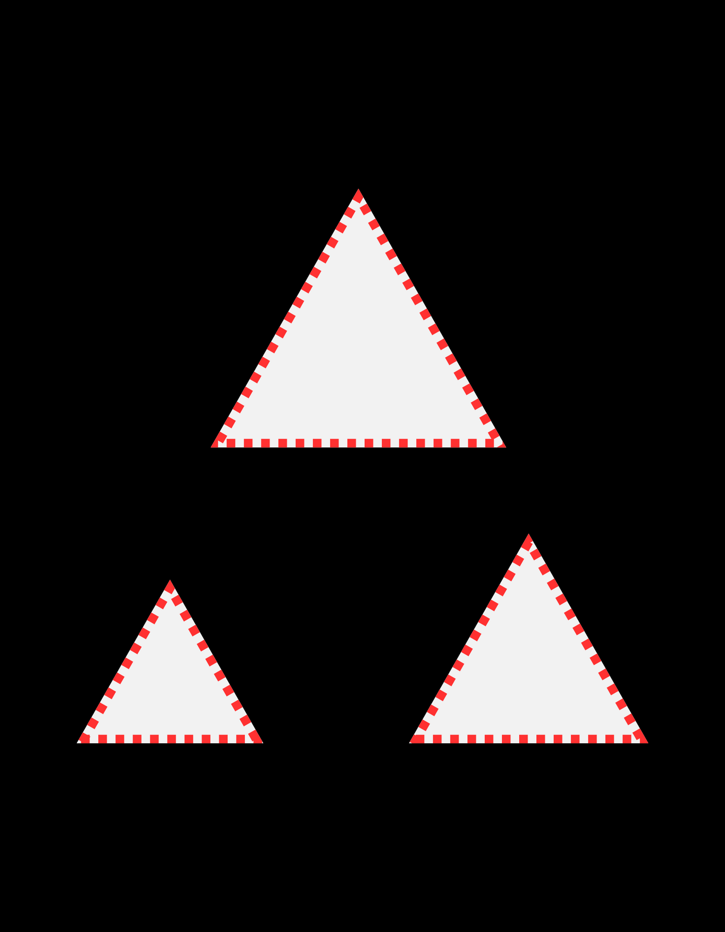 Three white triangles with red dotted outlines arranged diagonally on a solid black background, designed for building visual complexity.