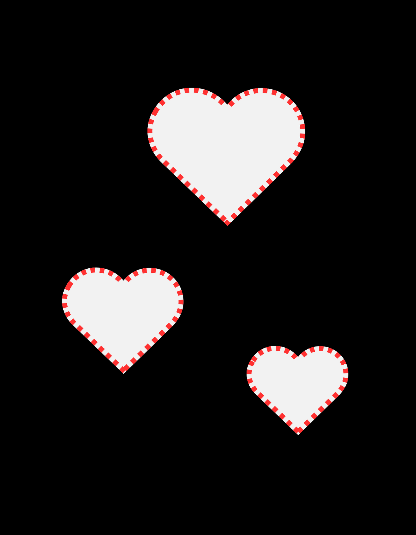Three white hearts with dashed red outlines on black background. One large, one medium, one small. Arranged diagonally across the page.