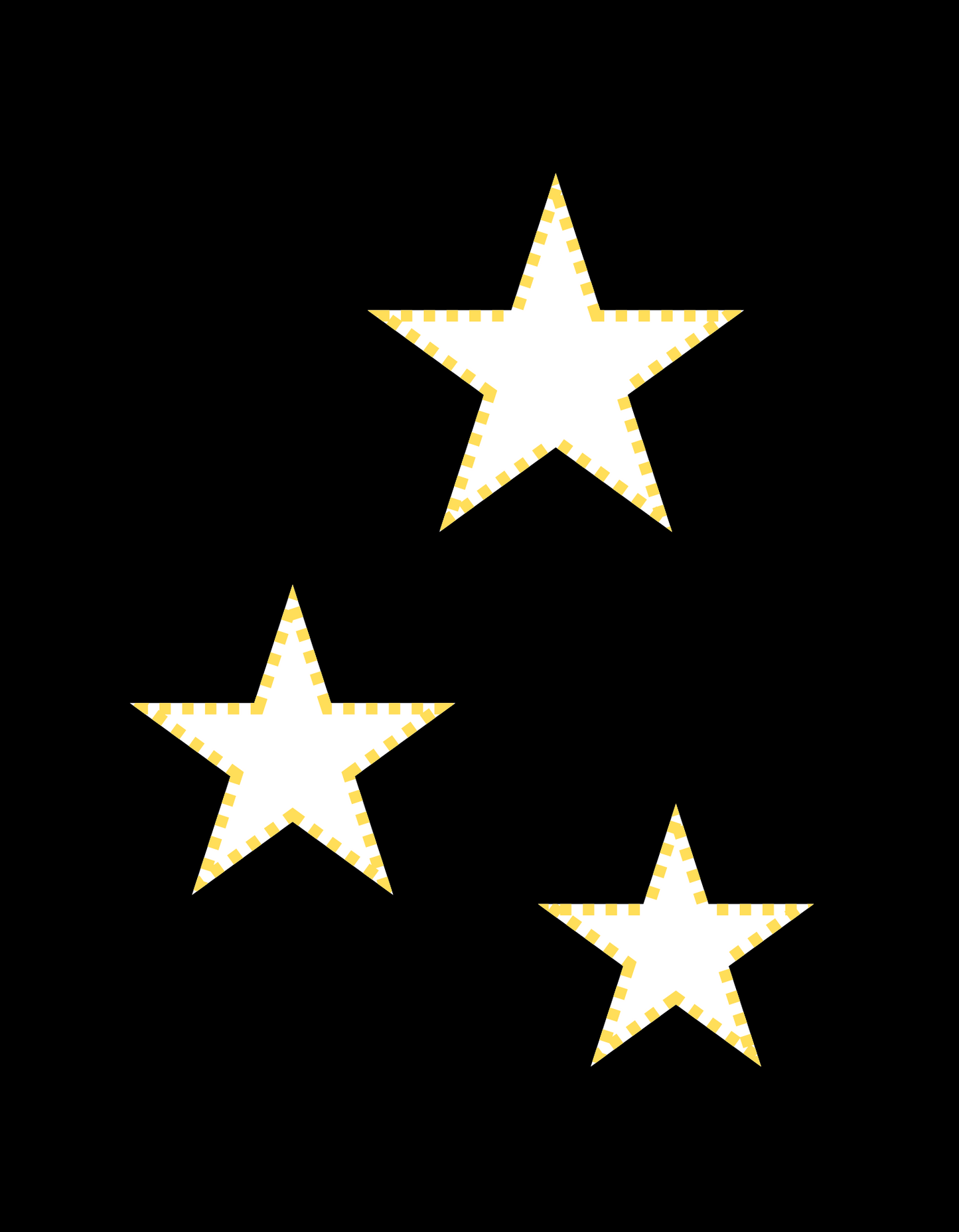 Three white stars with dashed yellow outlines on black background. One large, one medium, one small. Arranged in a scattered diagonal layout.