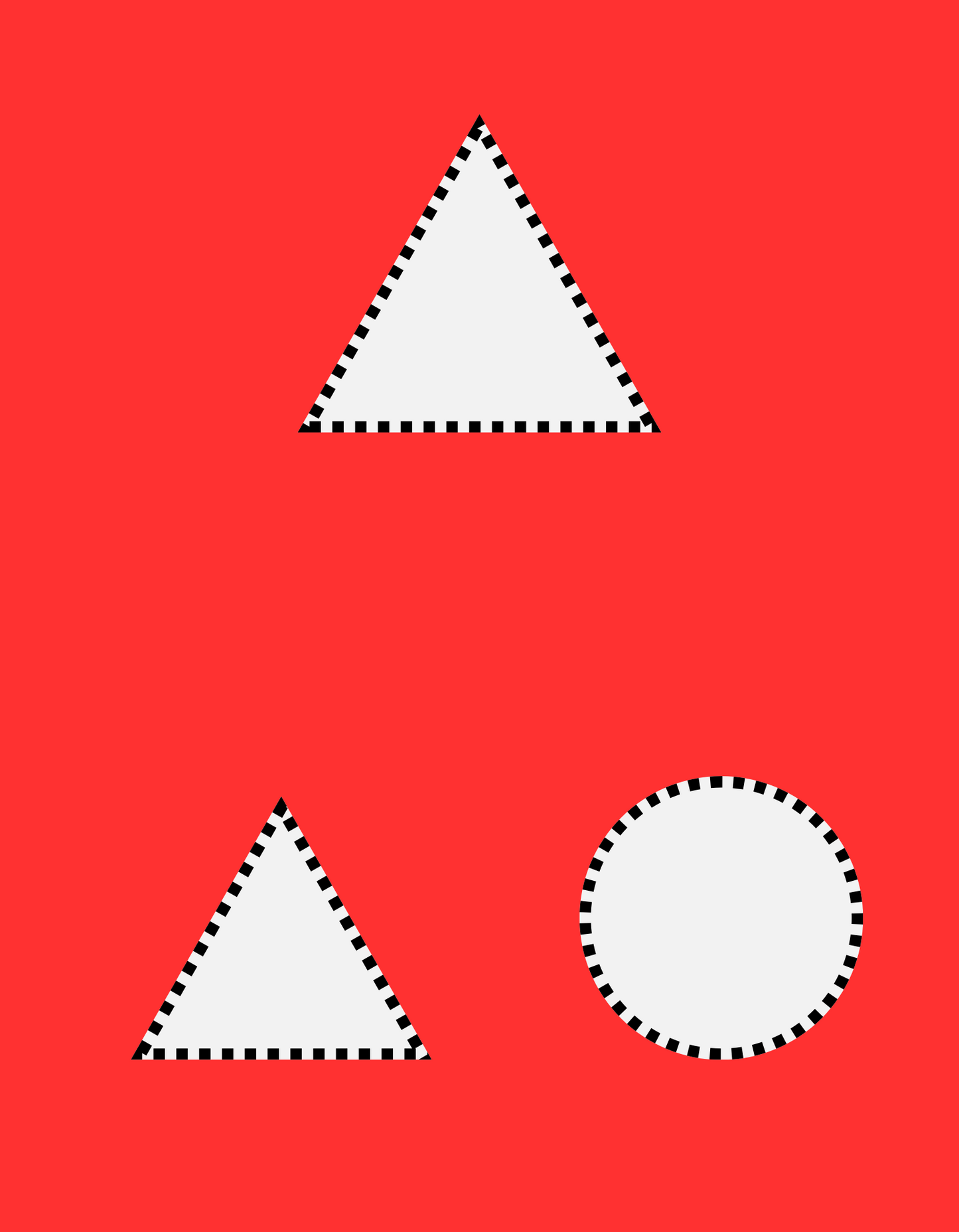 Three white shapes with bold black dotted outlines on a red background: one triangle at the top, a triangle and a circle at the bottom. Shapes are arranged for a matching task.