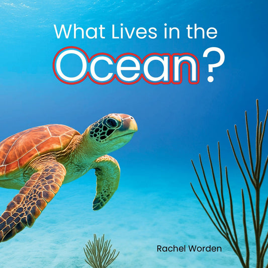 Cover of “What Lives in the Ocean” showing a bright sea turtle swimming underwater toward the viewer, with coral and fish in the background on a deep blue ocean backdrop. High contrast, CVI-friendly image.