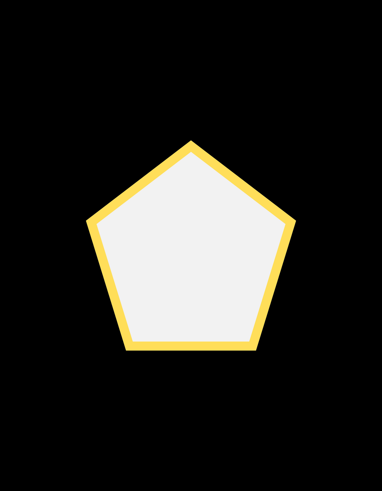 White pentagon with soft edges outlined in bold yellow, placed against a black background for high contrast.