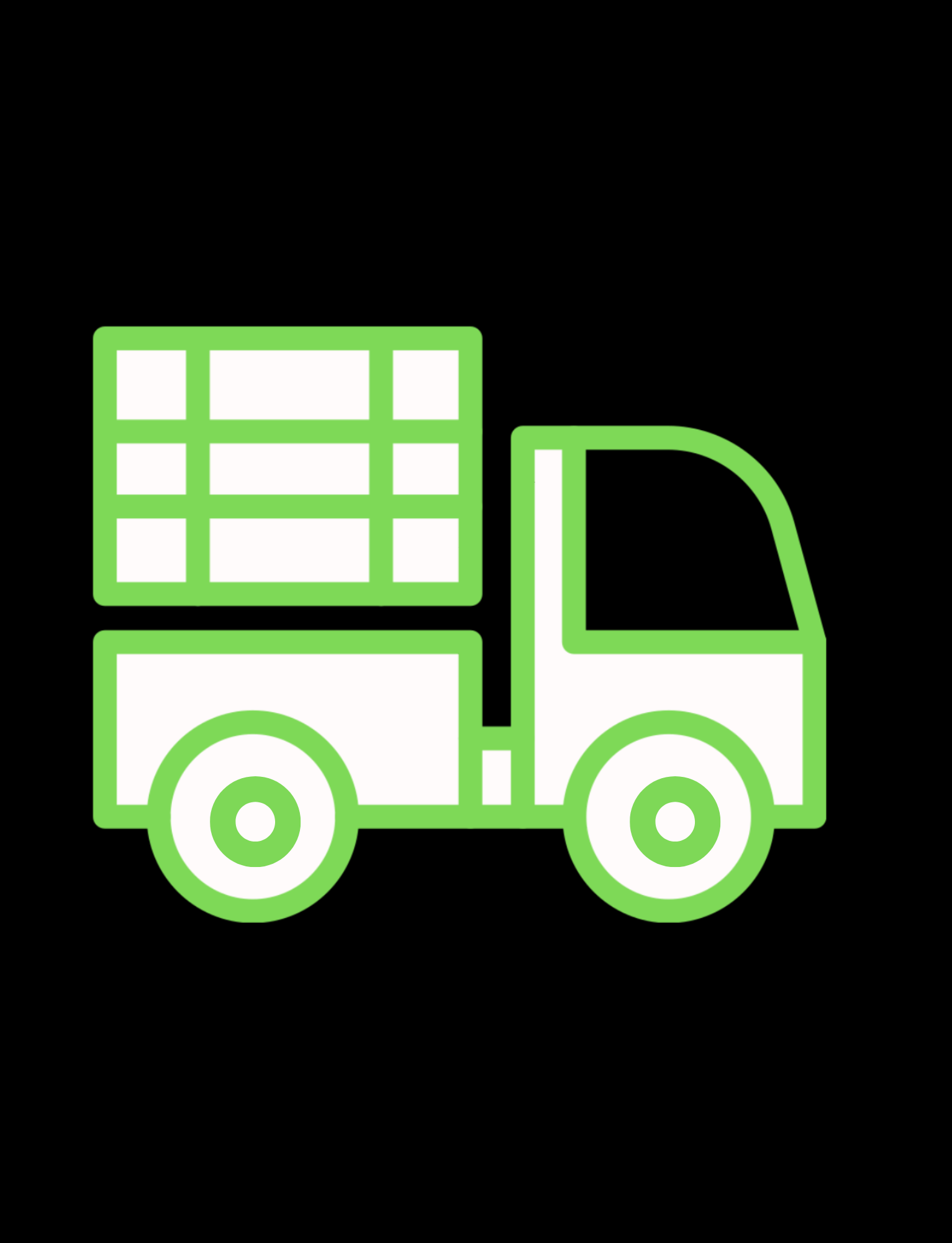 Simplified cargo truck with white fill and bright green outline. The back of the truck shows grid-like cargo lines, and it is placed on a solid black background.