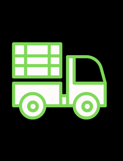 Simplified cargo truck with white fill and bright green outline. The back of the truck shows grid-like cargo lines, and it is placed on a solid black background.