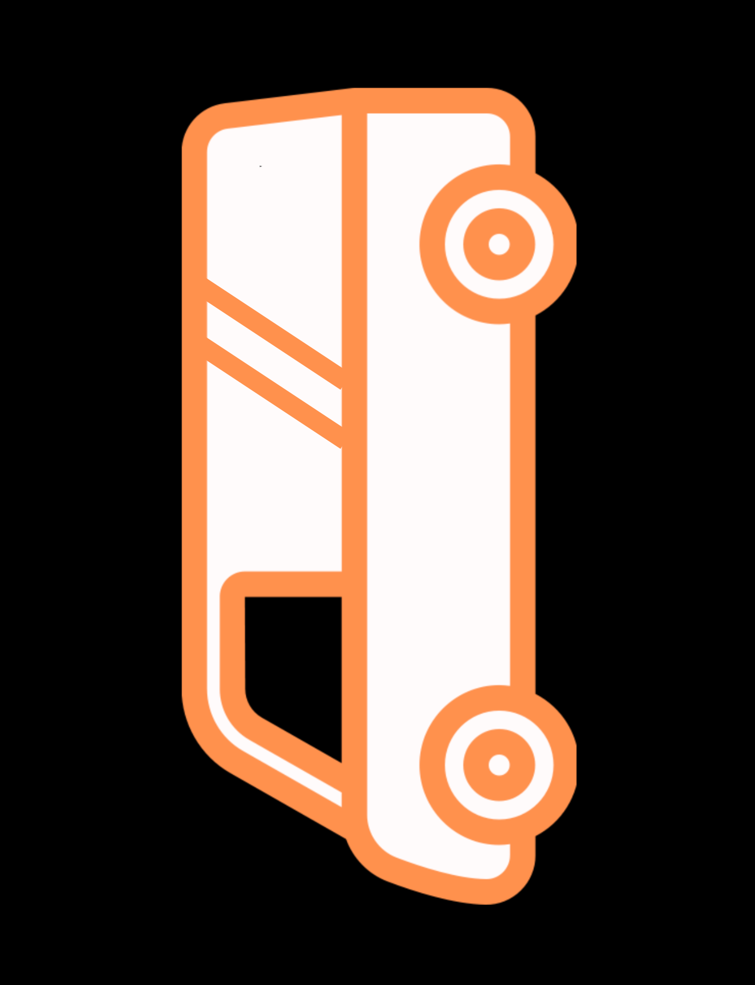 Stylized white bus outlined in orange, shown vertically on a black background. The bus has two visible wheels and window cutouts with high-contrast simplicity.