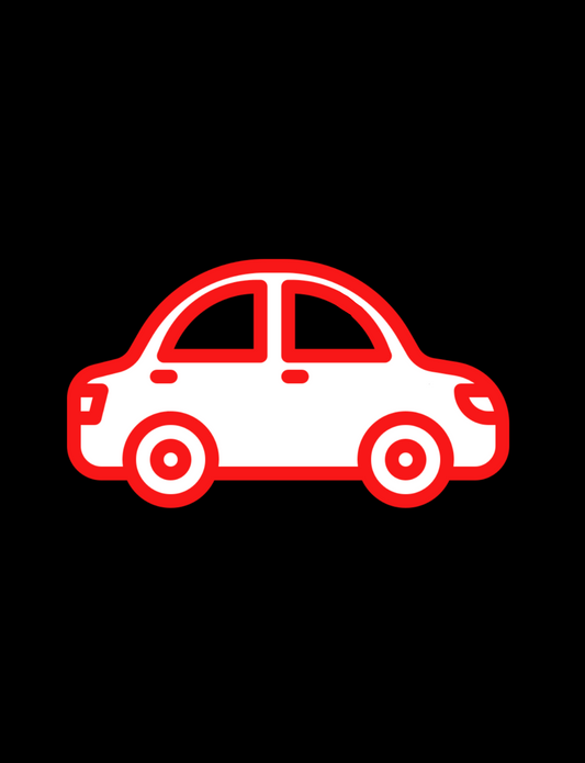 Simple white car with bold red outline on a solid black background. The car features two doors, windows, and round wheels outlined in red.
