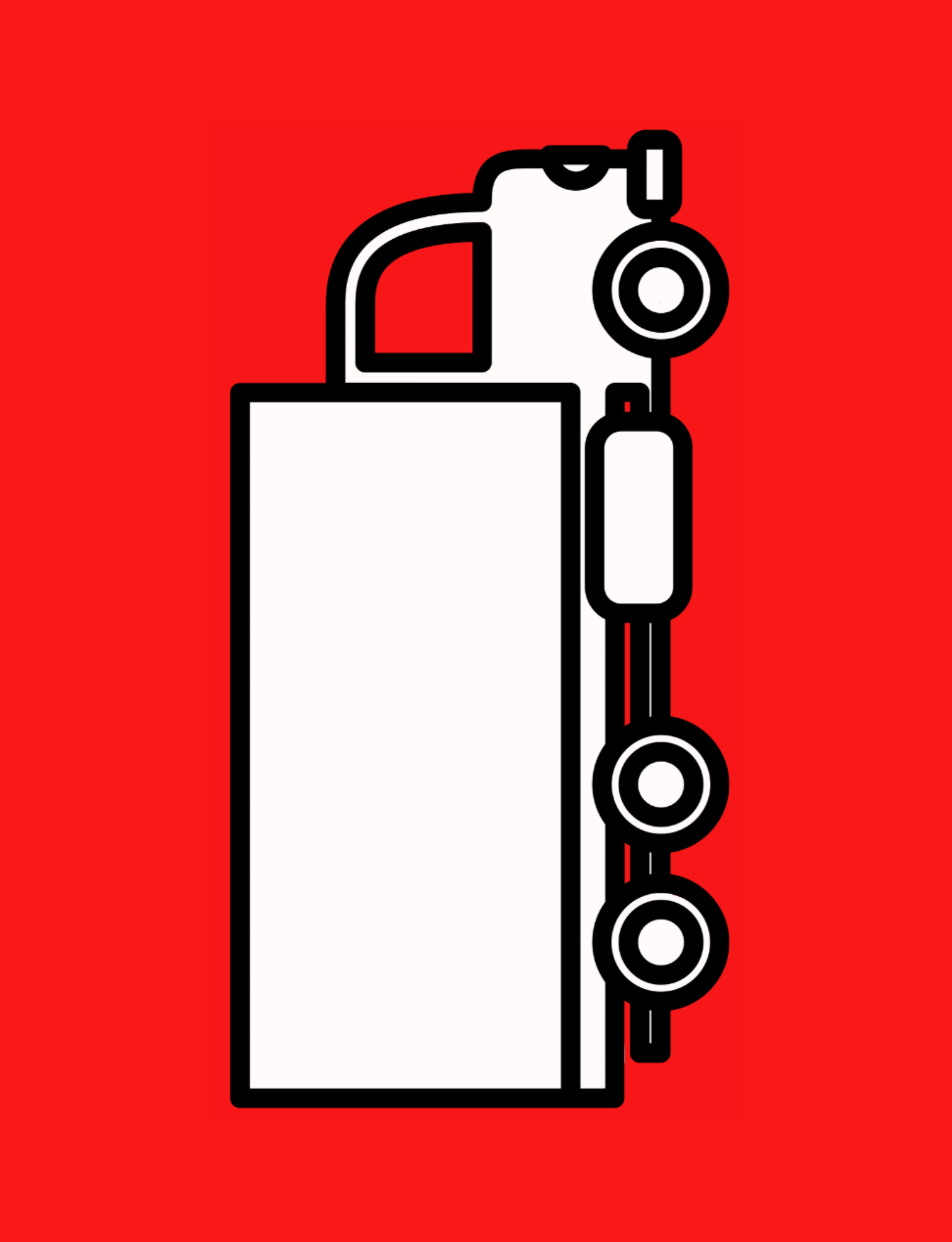 Tall white fuel truck with black outline set against a red background. The vertical orientation emphasizes the tank’s height, with three small wheels visible on one side.
