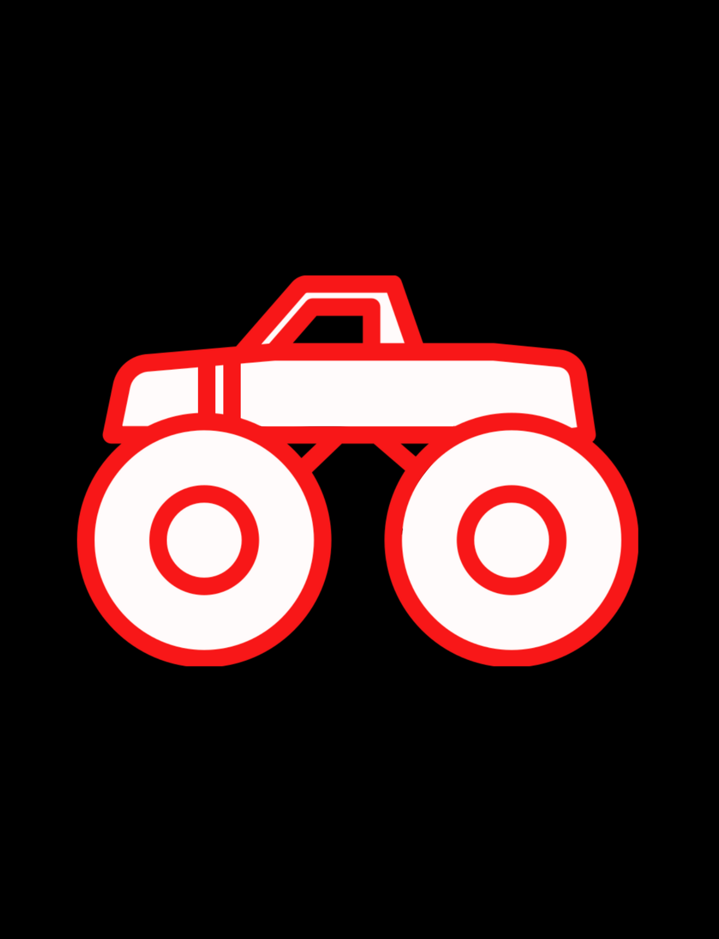 Bold red-outlined monster truck with very large tires on a solid black background. The body of the truck is white with an angular cab.