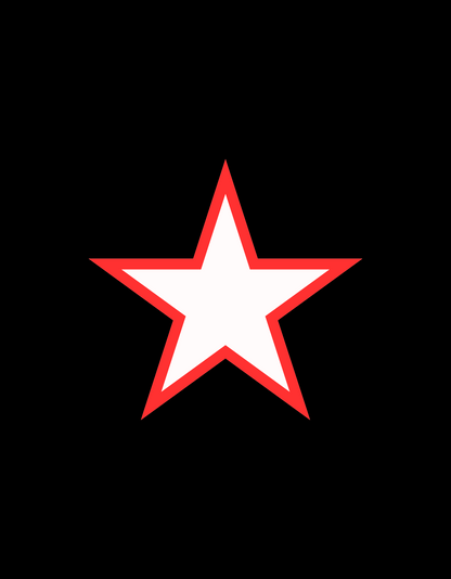 Single white star with sharp five points and thick red outline, centered on solid black background.