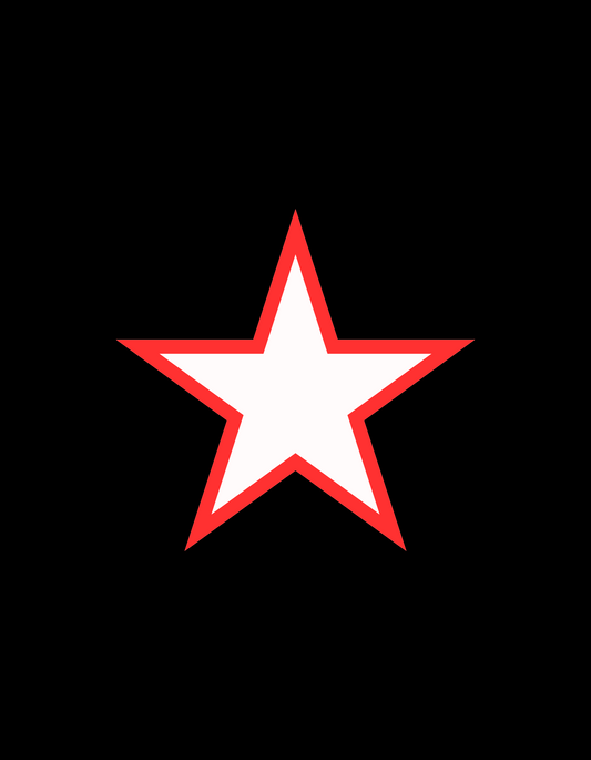Single white star with sharp five points and thick red outline, centered on solid black background.
