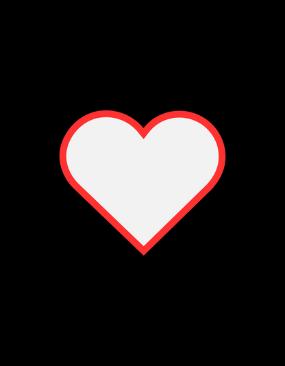 Single white heart with thick red outline, centered on solid black background.