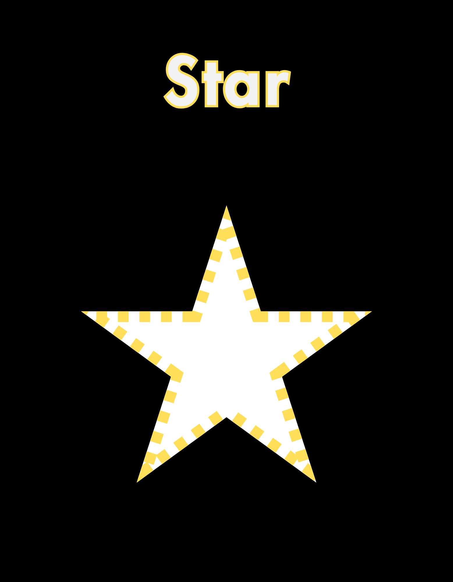 Page labeled ‘Star’ in bold yellow-outlined white letters. A single white star with dashed yellow outline is centered on a black background.
