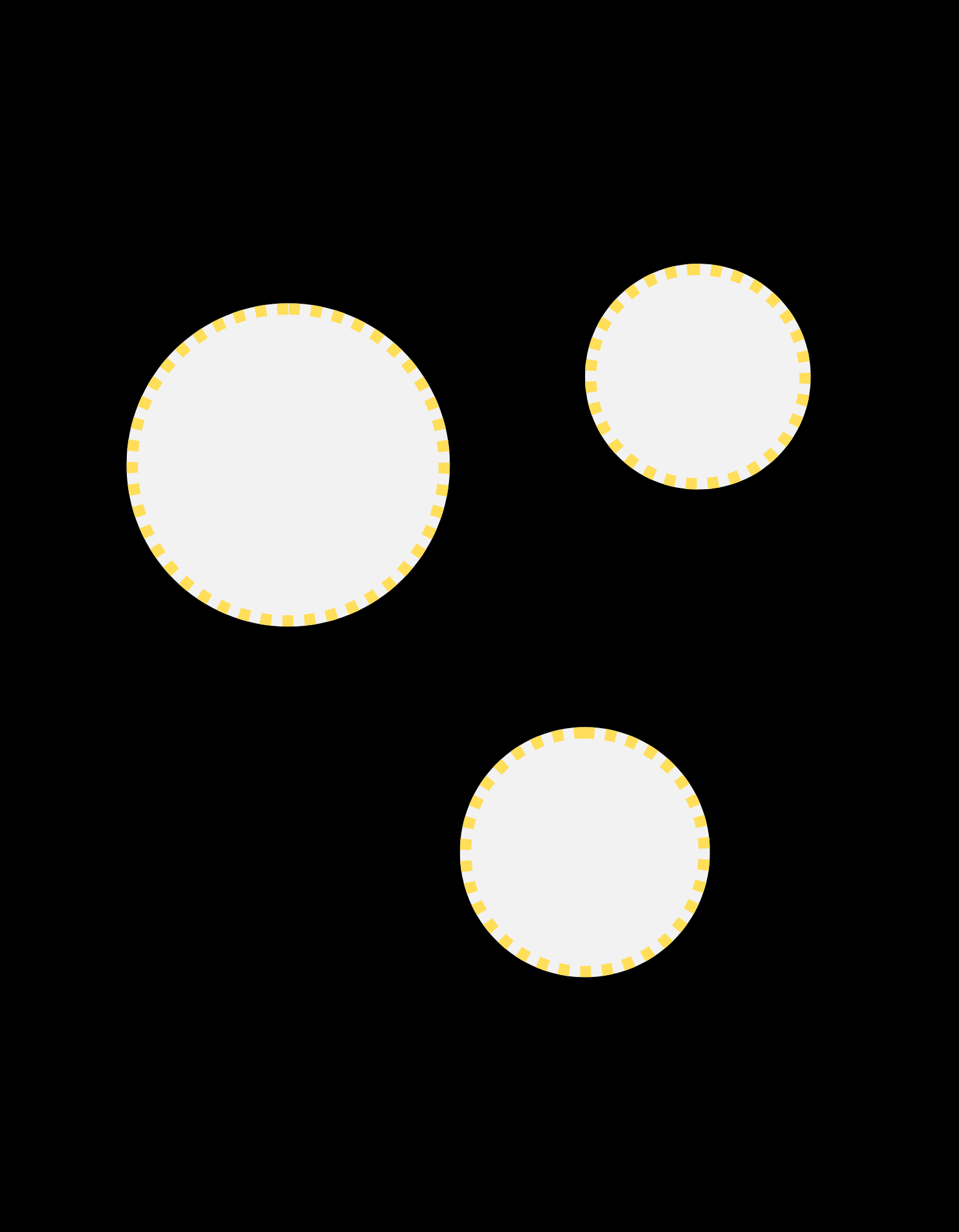 Three white circles with yellow dotted outlines spaced across a black background, supporting shape recognition and visual tracking.