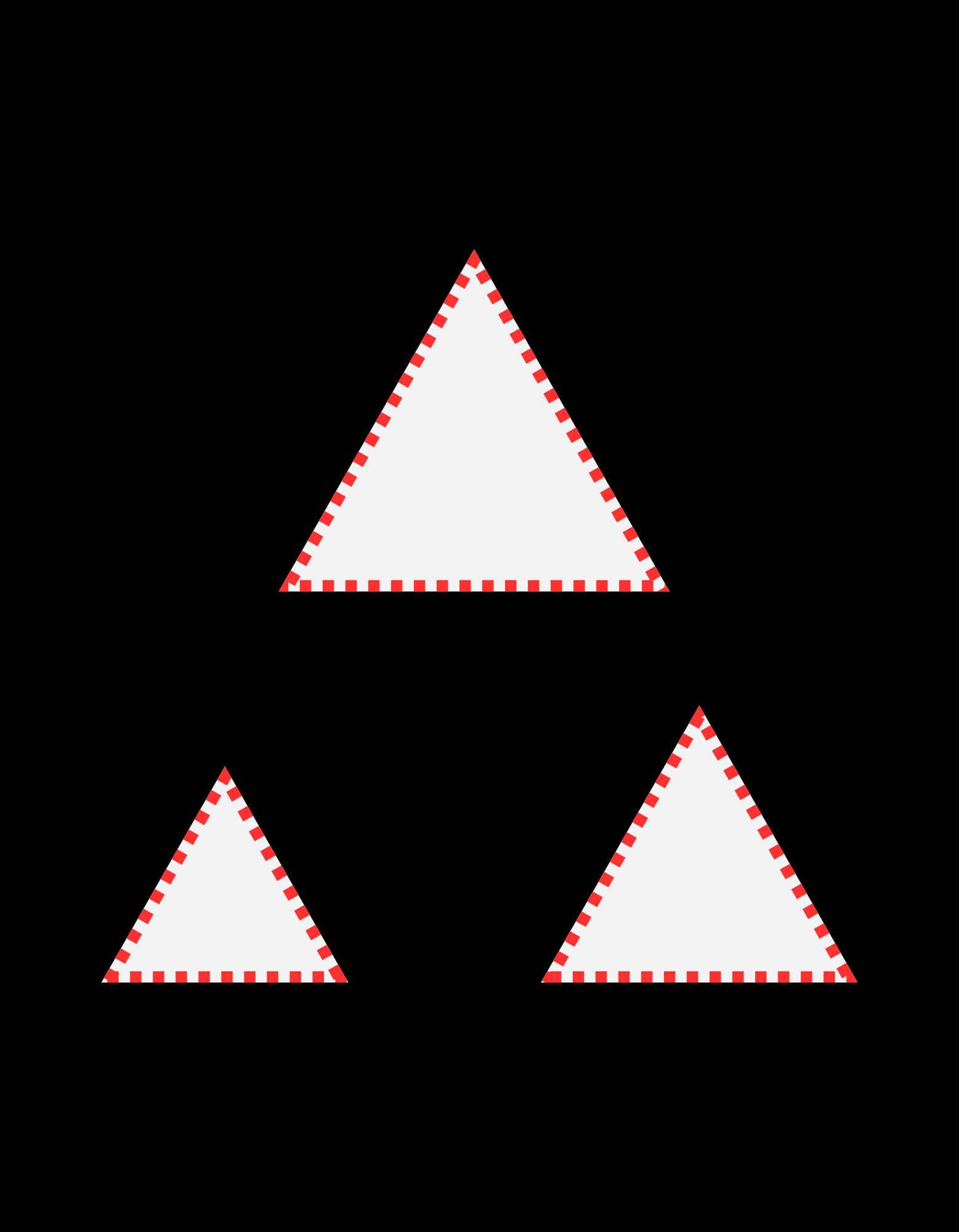 Three white triangles with red dotted outlines arranged diagonally on a solid black background, designed for building visual complexity.
