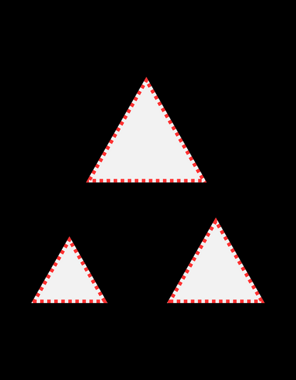 Three white triangles with red dotted outlines arranged diagonally on a solid black background, designed for building visual complexity.