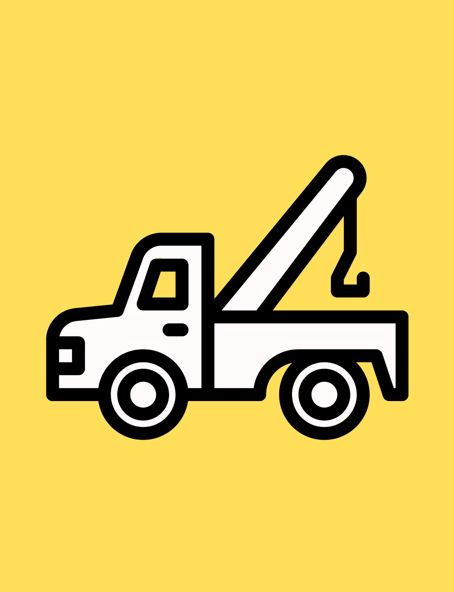 Simplified white tow truck outlined in black with a bold towing hook. The background is bright yellow, creating high contrast.
