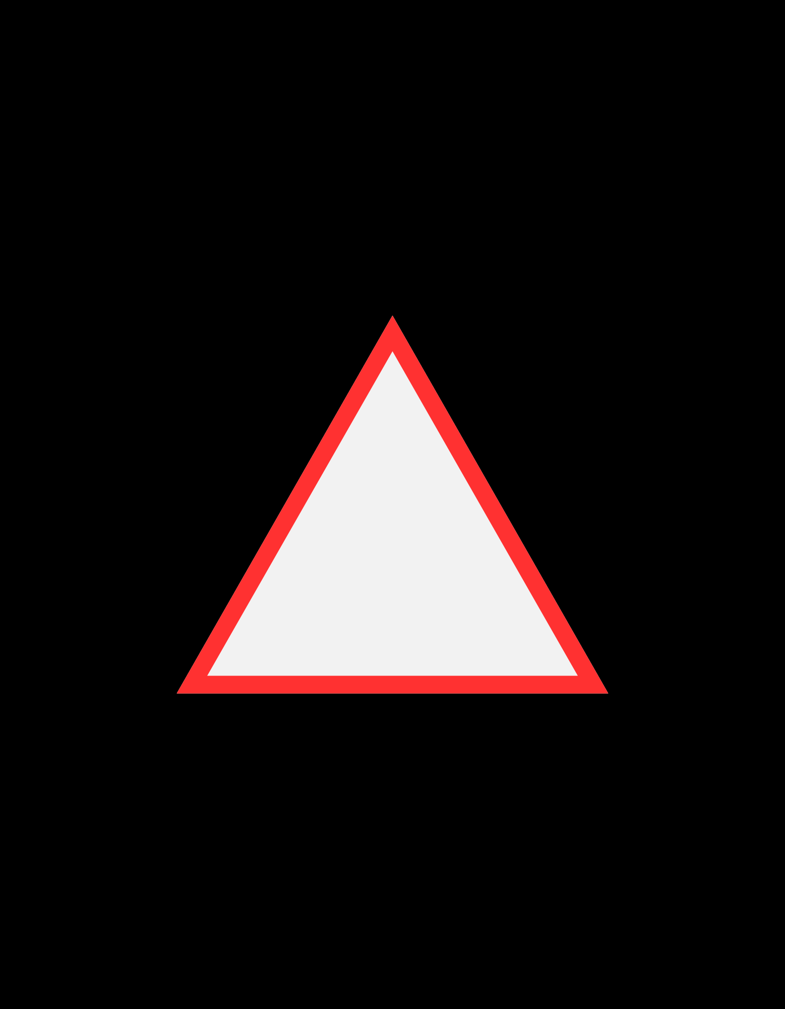 White triangle centered on a black background with a thick red outline. Simple, clean shape designed for high visual contrast.