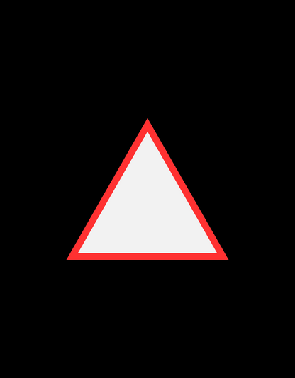 White triangle centered on a black background with a thick red outline. Simple, clean shape designed for high visual contrast.