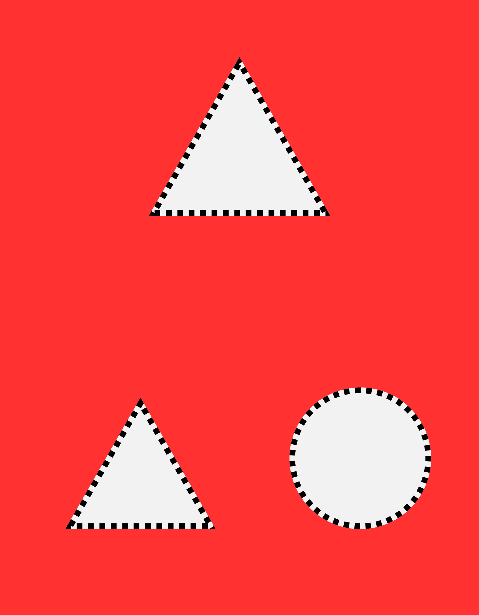 Three white shapes with bold black dotted outlines on a red background: one triangle at the top, a triangle and a circle at the bottom. Shapes are arranged for a matching task.