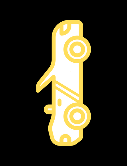 White race car with curved outline and yellow trim, shown vertically to emphasize its shape. The car has two circular yellow wheels and racing stripes across the body.