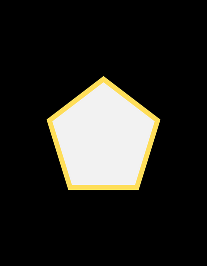White pentagon with soft edges outlined in bold yellow, placed against a black background for high contrast.