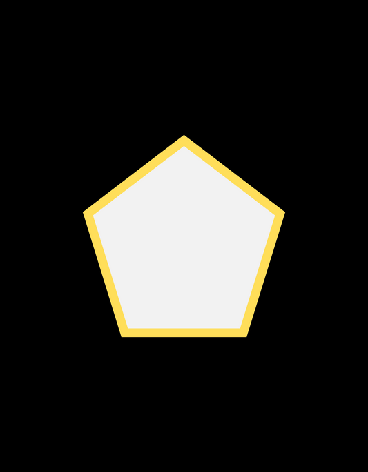 White pentagon with soft edges outlined in bold yellow, placed against a black background for high contrast.